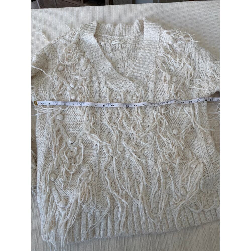 Anthropologie Shaggy Fringe Cable Knit V-Neck Metallic Sweater M - Picture 5 of 6